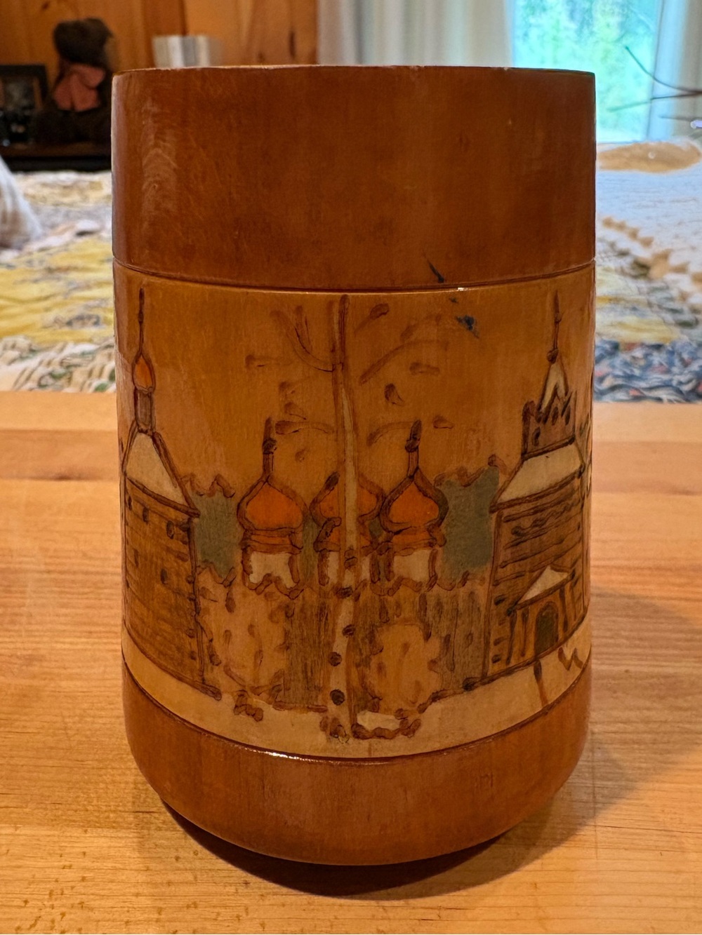 Vintage Soviet Russian Pyrography Wood Trinket Box Barrel Zagorsk Folk Art